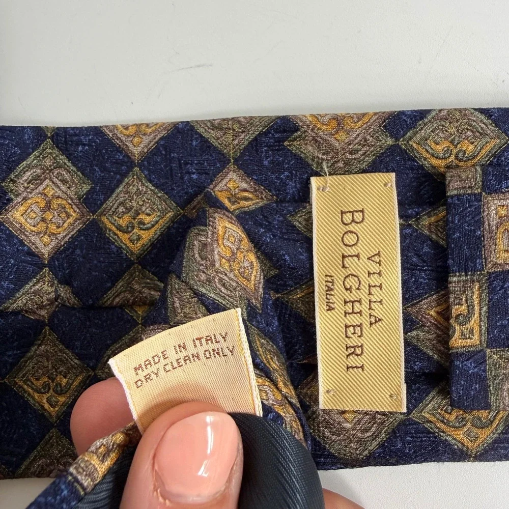 Villa Bolgheri Silk Tie Mens OS Blue Gold Geometric Diamond Made in Italy Luxury